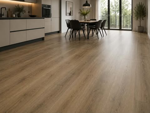 LVT-Designboden in Holzoptik in einem offenen Wohn- und Essbereich