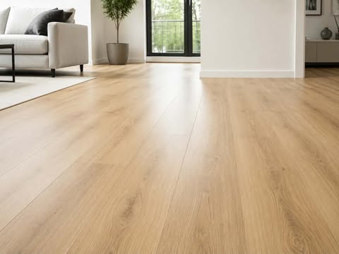 Heller Laminatboden in Eichenoptik in einem Wohnzimmer