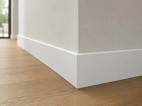 Weisse Sockelleiste mit sauber ausgeführter Ecke an einem Holzboden